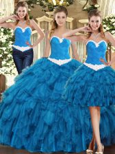 Custom Design Ruffles Quinceanera Dress Teal Lace Up Sleeveless Floor Length