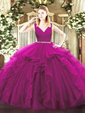  Fuchsia Tulle Zipper Quince Ball Gowns Sleeveless Floor Length Beading and Ruffles