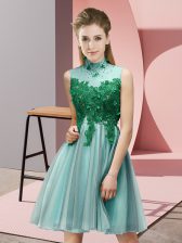 Inexpensive Knee Length Empire Sleeveless Light Blue Dama Dress for Quinceanera Lace Up