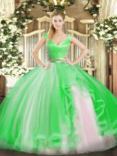  V-neck Sleeveless Tulle Quinceanera Dress Beading and Ruffles Zipper