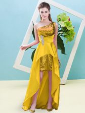 Popular Gold Sleeveless High Low Beading and Sequins Lace Up Prom Dress