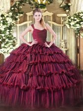  Burgundy Sleeveless Floor Length Ruffled Layers Zipper 15 Quinceanera Dress