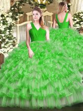  Floor Length Green Sweet 16 Dresses V-neck Sleeveless Zipper