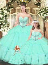  Aqua Blue Ball Gowns Tulle Sweetheart Sleeveless Beading and Ruching Floor Length Lace Up Vestidos de Quinceanera