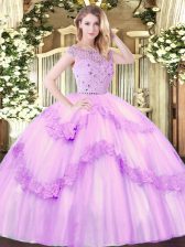 Vintage Lilac Ball Gowns Bateau Sleeveless Tulle Floor Length Zipper Beading and Appliques Ball Gown Prom Dress