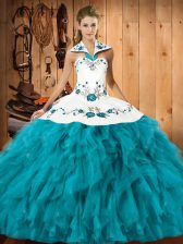 Sophisticated Sleeveless Floor Length Embroidery and Ruffles Lace Up 15 Quinceanera Dress with Teal 