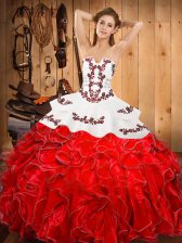  Sleeveless Floor Length Embroidery and Ruffles Lace Up Quince Ball Gowns with Wine Red