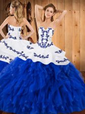  Royal Blue Lace Up Strapless Embroidery and Ruffles Quinceanera Gowns Satin and Organza Sleeveless