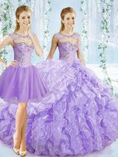  Sleeveless Beading and Ruching and Pick Ups Lace Up Quinceanera Gown with Lavender Brush Train