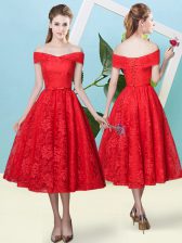  Off The Shoulder Cap Sleeves Lace Up Quinceanera Dama Dress Red Lace