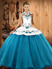  Teal Sleeveless Embroidery Floor Length 15 Quinceanera Dress