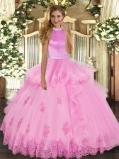  Rose Pink Ball Gowns Halter Top Sleeveless Tulle Floor Length Backless Beading and Ruffles Quinceanera Gown