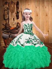  Turquoise Sleeveless Floor Length Embroidery and Ruffles Lace Up Girls Pageant Dresses