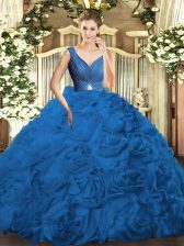 Glittering Fabric With Rolling Flowers Sleeveless Floor Length 15th Birthday Dress and Beading and Ruching
