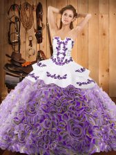 Strapless Sleeveless 15th Birthday Dress With Train Sweep Train Embroidery Multi-color Satin and Fabric With Rolling Flowers