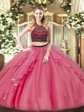 Elegant Coral Red Zipper Halter Top Beading and Ruffles Sweet 16 Dresses Organza Sleeveless