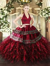Enchanting Organza Halter Top Sleeveless Zipper Appliques and Ruffles Sweet 16 Dresses in Wine Red