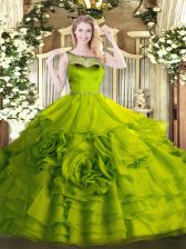 Fashion Olive Green Organza Zipper Vestidos de Quinceanera Sleeveless Floor Length Beading and Ruffles
