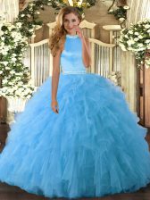 Lovely Baby Blue Backless Halter Top Beading and Ruffles Vestidos de Quinceanera Organza Sleeveless