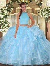  Light Blue Halter Top Neckline Beading and Ruffles 15 Quinceanera Dress Sleeveless Backless