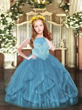 Popular Teal Ball Gowns Tulle Scoop Sleeveless Beading and Ruffles Floor Length Zipper Glitz Pageant Dress