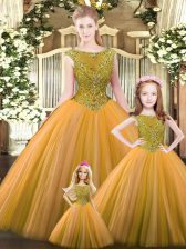 Fashion Tulle Scoop Sleeveless Lace Up Beading 15 Quinceanera Dress in Orange