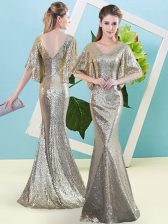  Sequined V-neck Half Sleeves Zipper Sequins Prom Gown in Silver
