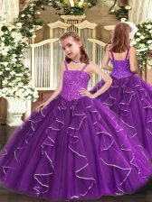 Latest Floor Length Purple Little Girl Pageant Gowns Organza Sleeveless Beading and Ruffles