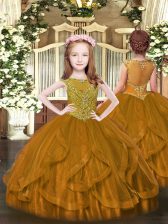  Brown Zipper Scoop Beading and Ruffles Pageant Dress for Teens Tulle Sleeveless