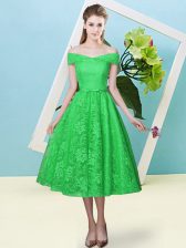  Lace Off The Shoulder Cap Sleeves Lace Up Bowknot Damas Dress in Green