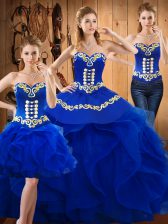 Popular Sweetheart Sleeveless Sweet 16 Quinceanera Dress Floor Length Embroidery and Ruffles Blue Satin and Organza