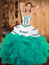  Turquoise Strapless Neckline Embroidery and Ruffles Quinceanera Gown Sleeveless Lace Up