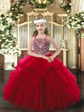  Floor Length Wine Red Little Girl Pageant Dress Straps Sleeveless Lace Up