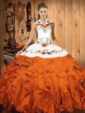  Ball Gowns Quinceanera Gown Orange Red Halter Top Satin and Organza Sleeveless Floor Length Lace Up