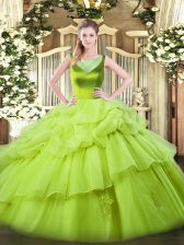 Low Price Yellow Green Sleeveless Beading and Pick Ups Floor Length Ball Gown Prom Dress