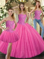 Fashionable Sleeveless Tulle Floor Length Lace Up Quince Ball Gowns in Hot Pink with Beading