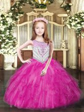  Sleeveless Floor Length Beading and Ruffles Zipper Pageant Gowns For Girls with Fuchsia
