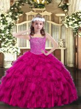  Fuchsia Ball Gowns Organza Straps Sleeveless Beading and Ruffles Floor Length Lace Up Little Girl Pageant Gowns