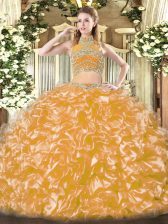 New Style Gold Two Pieces Tulle High-neck Sleeveless Beading and Ruffles Floor Length Backless Sweet 16 Dress