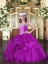 Excellent Sleeveless Organza Floor Length Lace Up Pageant Dress Toddler in Fuchsia with Beading and Ruffles
