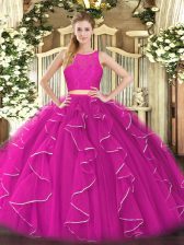 Delicate Fuchsia Zipper Scoop Lace and Ruffles Vestidos de Quinceanera Organza Sleeveless