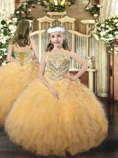 Eye-catching Beading and Ruffles Pageant Dress Wholesale Gold Lace Up Sleeveless Floor Length