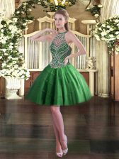 Comfortable Green Tulle Lace Up Sleeveless Mini Length Beading