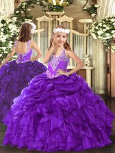 Trendy Organza V-neck Sleeveless Lace Up Beading and Ruffles and Pick Ups Kids Pageant Dress in Purple