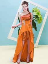 Popular Orange A-line Beading and Sequins Homecoming Dress Lace Up Elastic Woven Satin and Sequined Sleeveless High Low