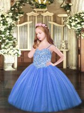  Baby Blue Sleeveless Floor Length Appliques Lace Up Kids Pageant Dress