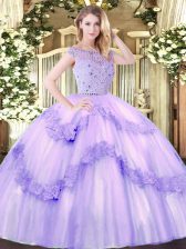 Shining Floor Length Lavender Sweet 16 Dress Tulle Sleeveless Beading and Appliques