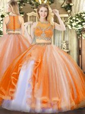 Deluxe Orange Red Organza Zipper Scoop Sleeveless Floor Length Sweet 16 Dresses Beading and Ruffles