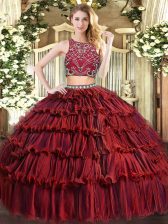 Dynamic Burgundy Sleeveless Floor Length Beading and Ruffled Layers Zipper Sweet 16 Dresses