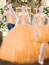Admirable Orange Red Organza Lace Up Quinceanera Dress Sleeveless Floor Length Beading and Ruffles